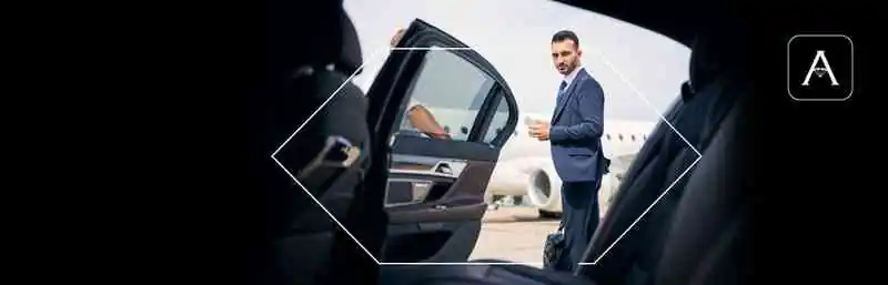 page banner showing a man looking inside of a luxury car while the door is open