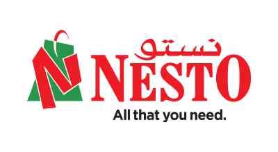 Nesto logo showing the word Nesto in both Arabic and English langugae in red colors above eachother. On the left side, there is green shopping bag with the capital letter N in red color. beneath the logo written in a small black font, "All that you need"