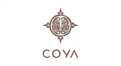 the logo has the store name Coya written in gold with  a white background 