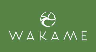 The image shows a logo with the name "WAKAME" written in white letters.The background is green