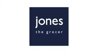 the logo has the store name Jones the Grocer written in white color with  a dark blue background 