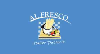 the image shows the logo restaurant called "Al Fresco" with pasta and tomatoes written in blueletters. The background is white