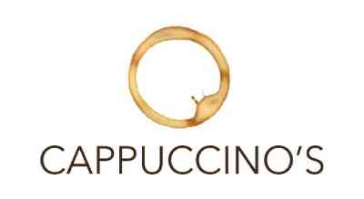 the image shows the logo restaurant called "Cappuccino's " written in blue black letters. The background is white