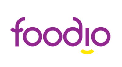 the image shows name of brand Foodio in purple with a white background