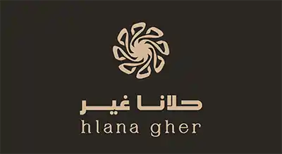 The image shows a logo with the name "HLANA GHER  " written in gold letters.The background is black