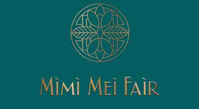 the image shows name brand MiMi Mei Fair Restaurant Dubai  in gold ,and the background is green