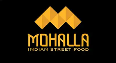 the image shows name brand Mohalla   in orang  ,and the background is black