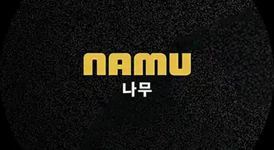 the image shows name brand Namu  in gold ,and the background is black