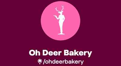 the image shows name brand Oh deer bakery i  in white ,and the background is pruple
