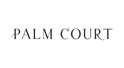 the image shows name of brand Palm Courts  in black with a white background