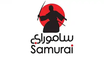 the image shows name brand Samurai Restaurant in balck and red ,and the background is white