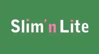 The image shows the Slim N' Lite logo. The text is in white and pink, and the background is green