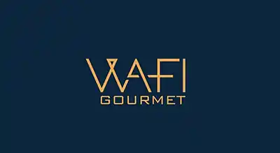 the image shows name brand Wafi Gourmet in gold ,and the background is blue