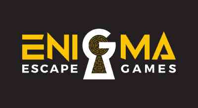 The image shows the Enigma logo. The text is in yellow, with the letter G in white. Below the word, "escape games" is written in white, and the background is black.