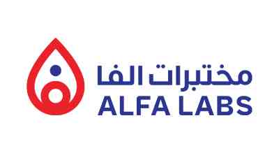The image shows a logo with the name "Alfa&nbsp;Labs " written in blue  letters.The background is white