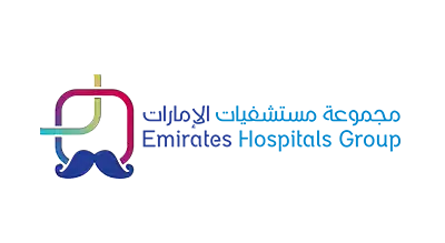 The image shows a logo with the name "Emirates Hospital Specialty  " written in blue letters.The background is white