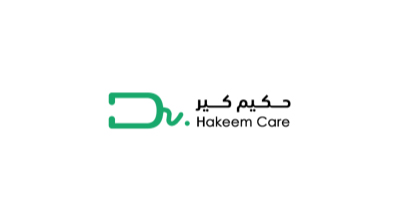 The image shows a logo with the name "Hakeem Care " written in black letters.The background is white