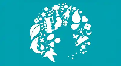 the image shows a circle made of small white icons on a blue background.