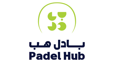 The image shows a logo with the name "PADEL HUB  " written in black  letters.The background is white
