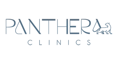 The image shows a logo with the name "PANTHERA CLINICS  " written in blue  letters.The background is white