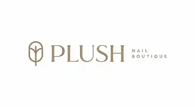 The image shows a logo with the name "PLUSH NAIL BOUTIQUE" written in gold  letters.The background is white