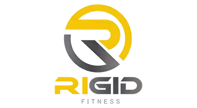 The image shows a logo with the name "Rigid Fitness " written in yellow and gray  letters.The background is white