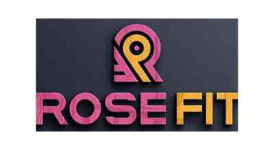 The image shows a logo with the name "Rosefit Gym" written in pink and orange letters.The background is black