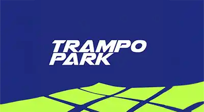 The image shows a logo with the name "Trampo Park " written in white letters.The background is blue
