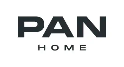 The image shows a logo with the name "PAN Home" written in black letters. The background is white