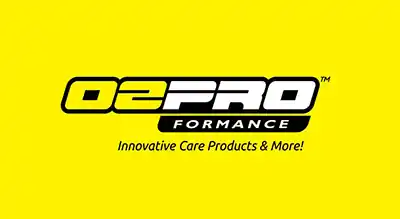 The image shows a logo with the name "O2 Proformance" written in white and black letters.The background is yellow