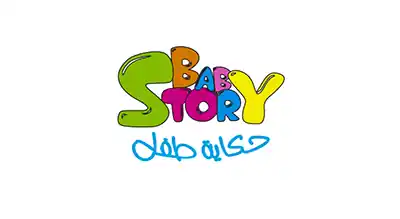The image shows a logo with the name "baby story" written in multiple colors letters.The background is white