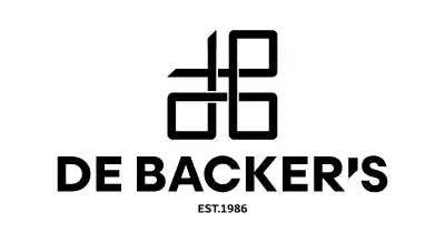 The image shows a logo with the name "De-Backer’s men’s wear" written in black letters. The background is white