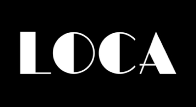 The image shows a logo with the name "Loca Beauty " written in white letters.The background is black