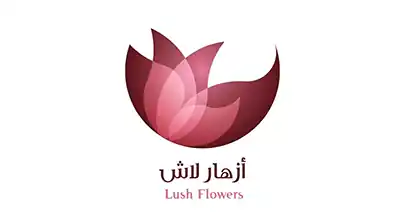 The image shows a brand name LUSH FLWOERS in red with a white  background