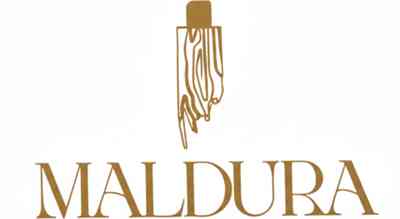 The image shows a brand name  Maldura in gold with a white  background