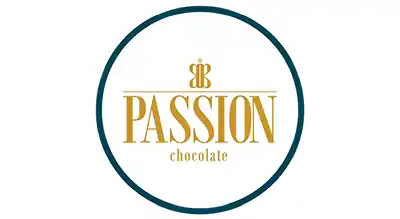 The image shows a logo with the name "PASSION CHOCOLATE" written in orange  letters.The background is white