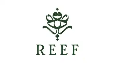 The image shows a logo with the name "Reef Perfumes " written in black letters.The background is white