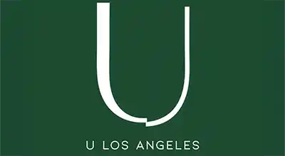 The image shows a logo with the name "U Los Angeles " written in white letters.The background is green