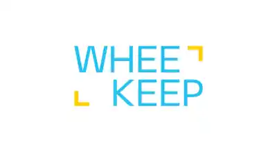 The image shows a logo with the name "Wheekeep   " written in blue letters.The background is white