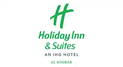 The image shows a logo with the name "Holiday Inn & Suites Al Khobar  " written in green letters.The background is white