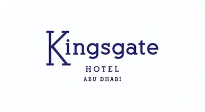 The image shows a logo with the name " Kingsgate Hotel  " written in blue letters.The background is white