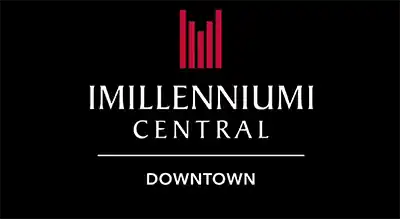 The image shows a logo with the name "Millennium Central  " written in white letters.The background is black