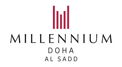The image shows a logo with the name "Millennium Place Doha   " written in black letters.The background is white