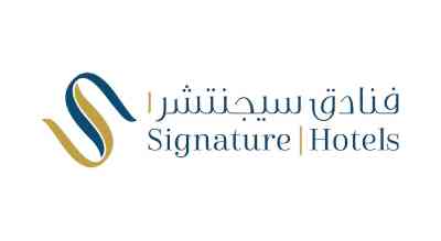 The image shows a logo with the name "Signature 1 Hotel" written in blue  letters.The background is white