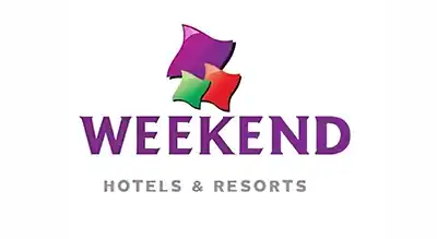 The image shows a logo with the name "Weekend Hotel- Sari  " written in purple letters.The background is white