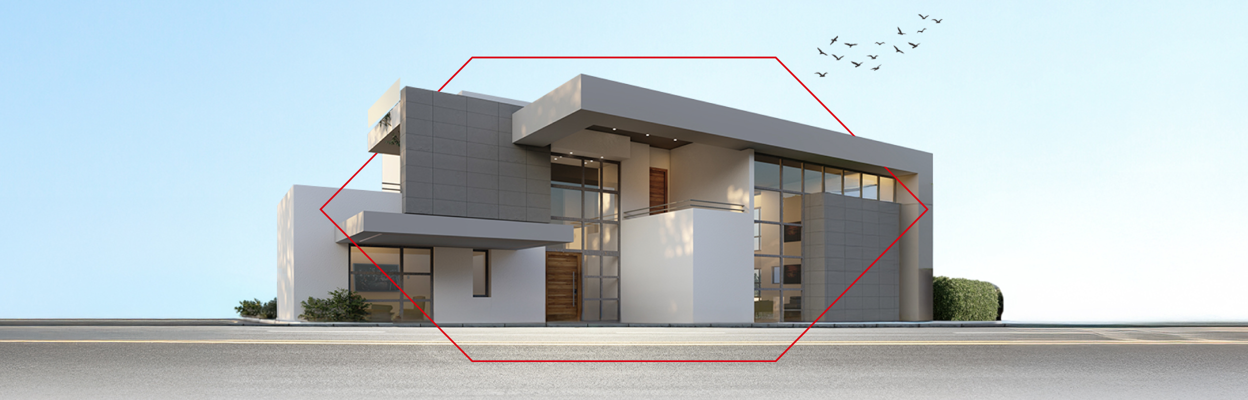 page banner showing a modern house with white paint and inside a red hexagon