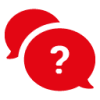 a chat bubble shape in red color with a question mark inside